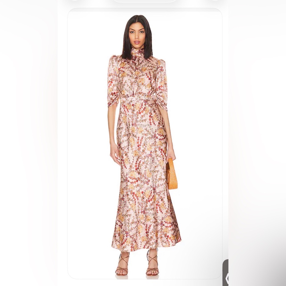 Saloni Floral High-Neck Maxi Dress - Tie-Back Detail - Romantic Pink Print - Picture 2 of 11